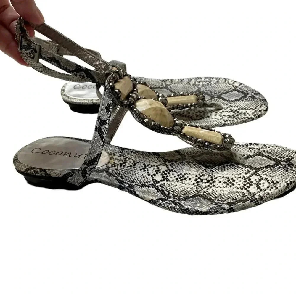 Coconuts Beverly Black & White Snakeskin Stone Embellished T Strap Thong Sandals - Picture 2 of 11